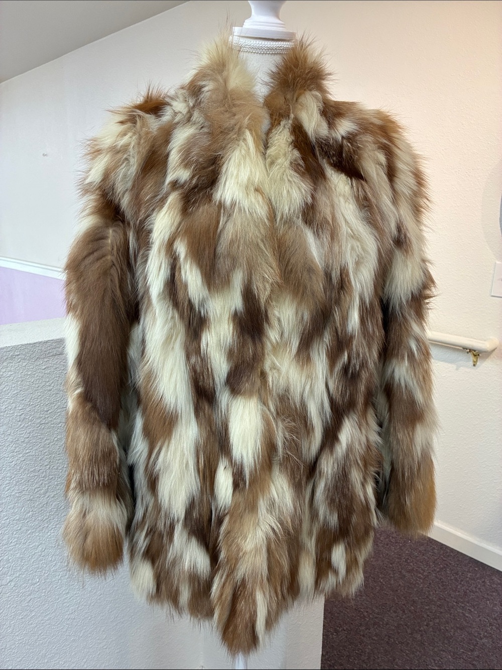 Luxurious Multi-Tone Rabbit Fur Coat Brown Cream Mid Length Size M/L